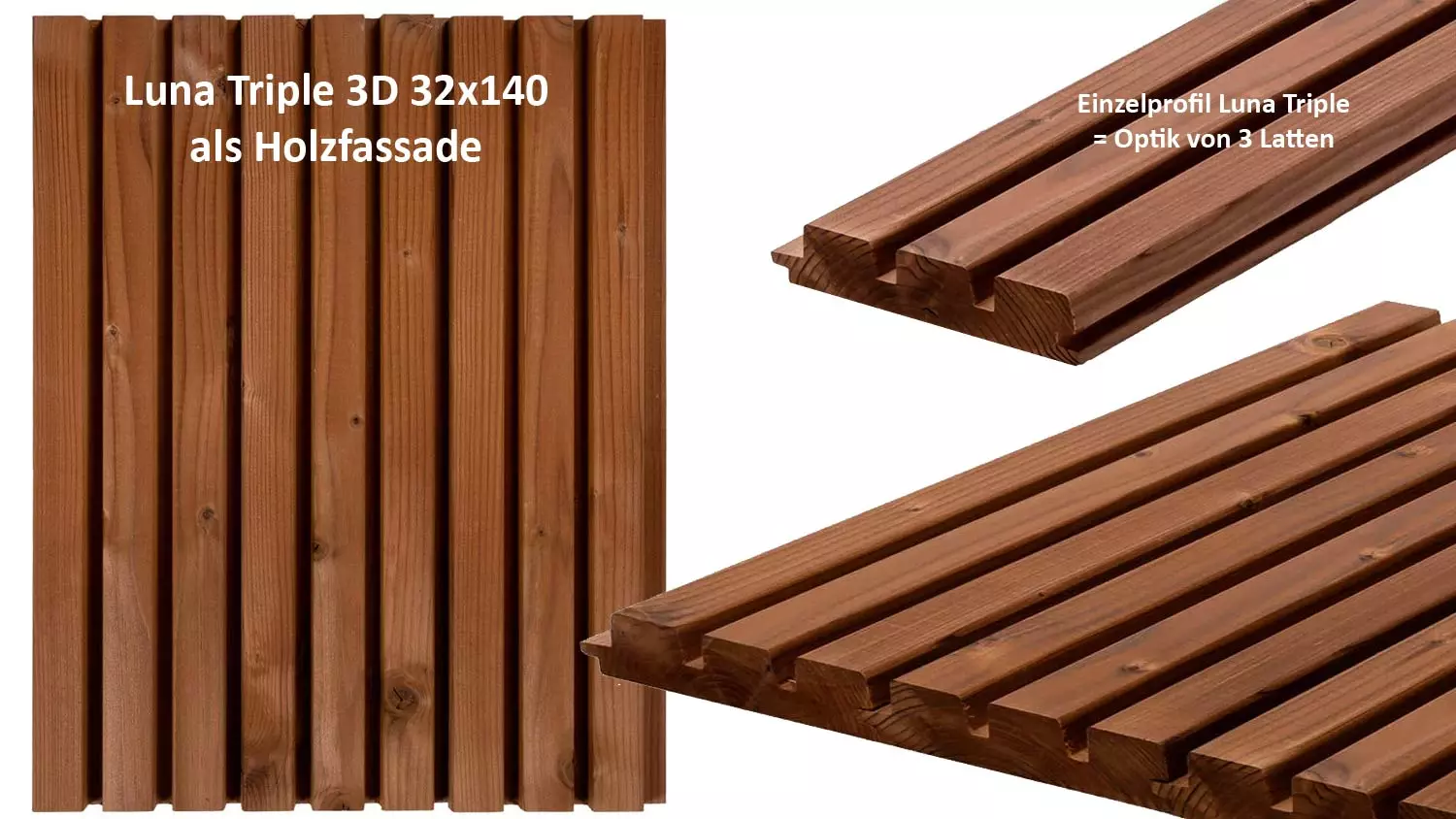LUNA Triple 3D Fassadenprofil mit Leistenoptik, Thermofichte, Länge 3,60m, 32x140mm, A-Sort.